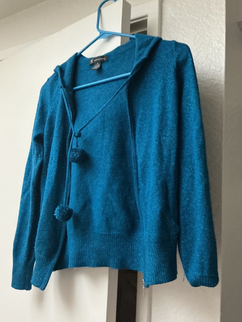 Vintage 1995 soft angora wool silk hoodie turquoise glitter with Pom poms.